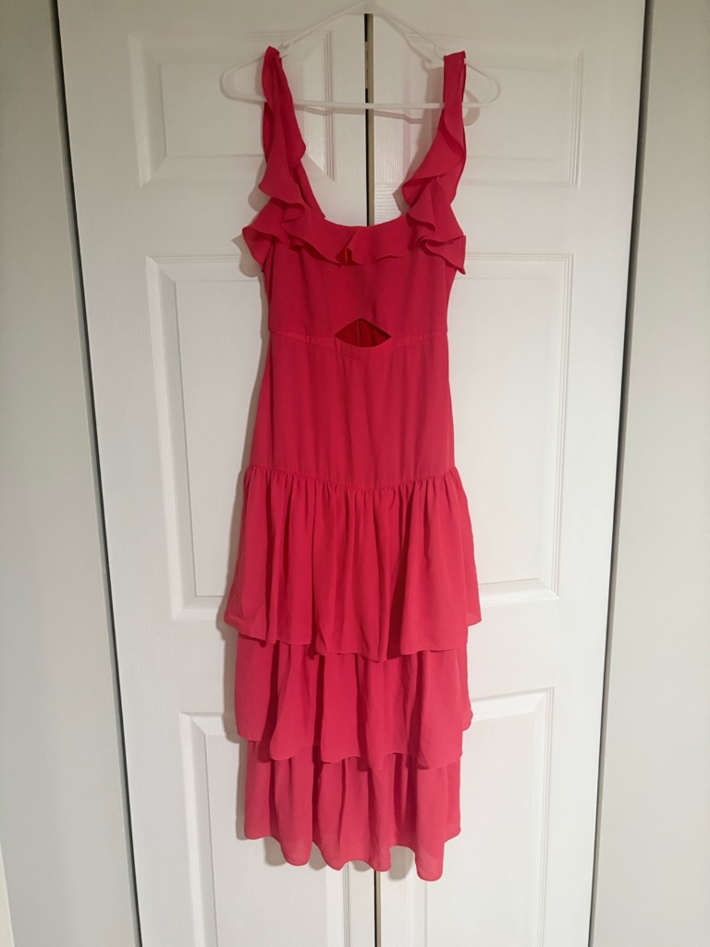 Likely Hot Pink Ruffle Tiered Midi Dress
